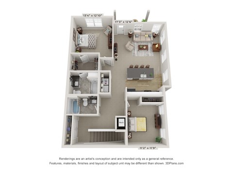 Floor plan for 2 beds, 2 baths, 1291 sqft